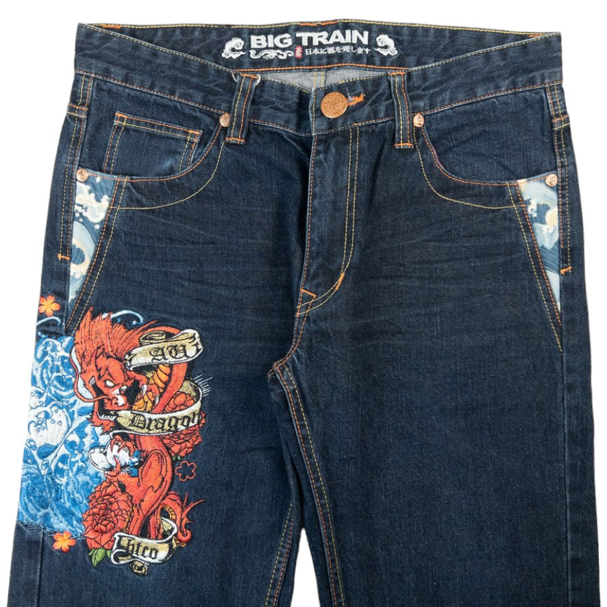 Vintage Big Train Embroidered Dragon Wave Japanese Denim Jeans Size W32