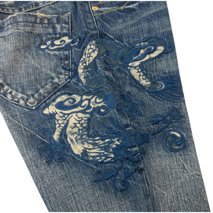 Vintage Big Train Japanese Dragon Embroidered Denim Jeans Size W31