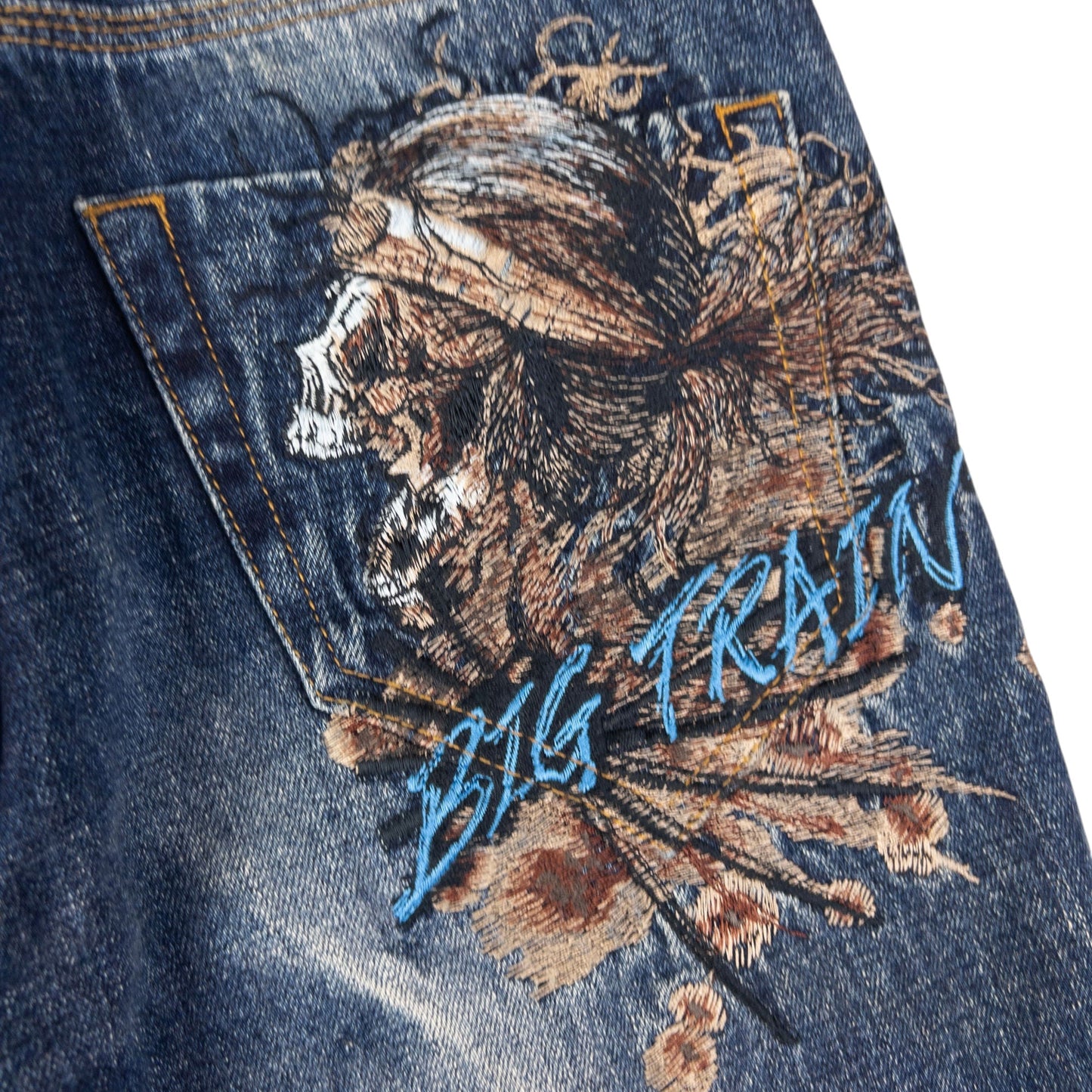 Vintage Big Train Embroidered Skull Japanese Denim Jeans Size W30