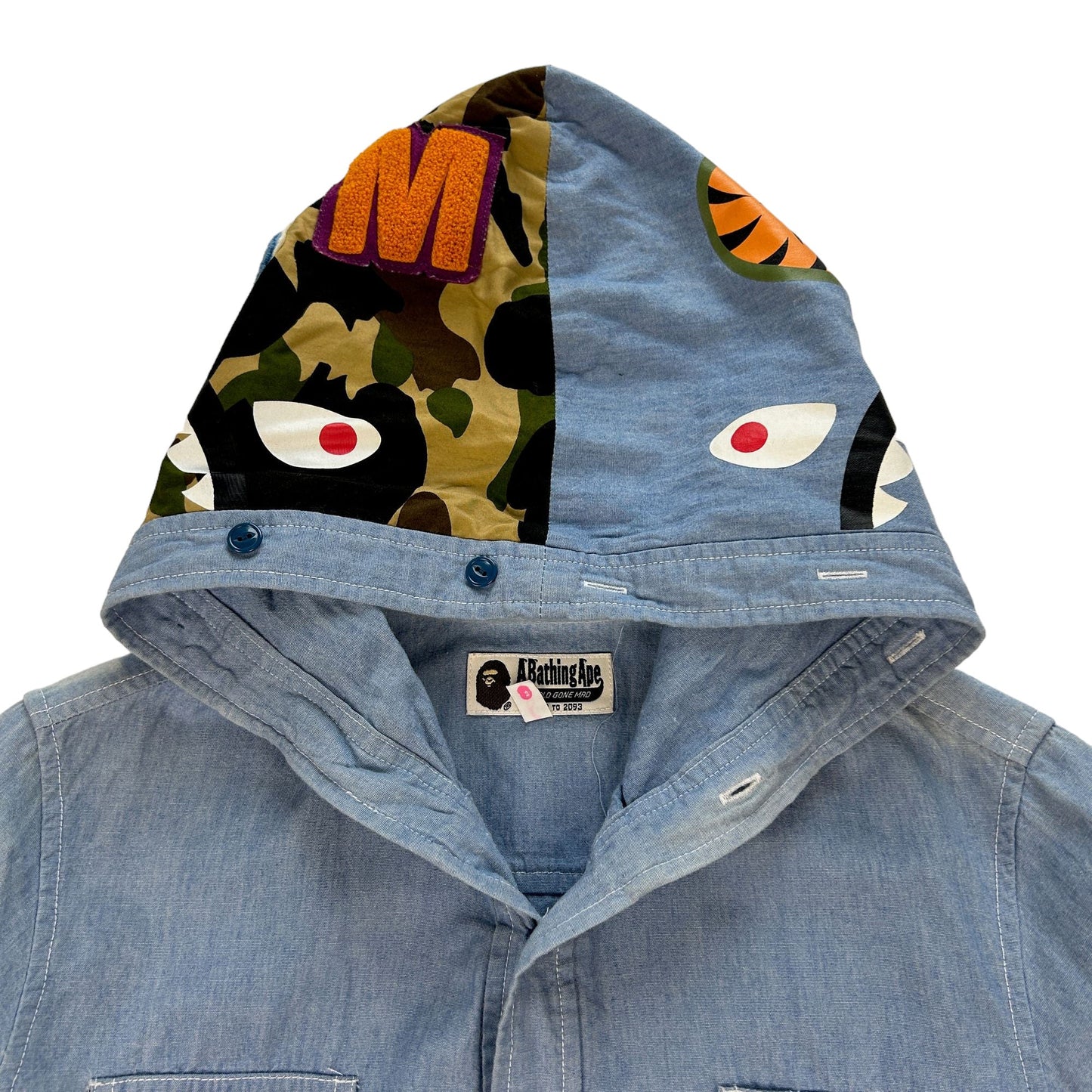 Vintage Bape Shark Button Up Hooded Long Shirt Woman's Size S